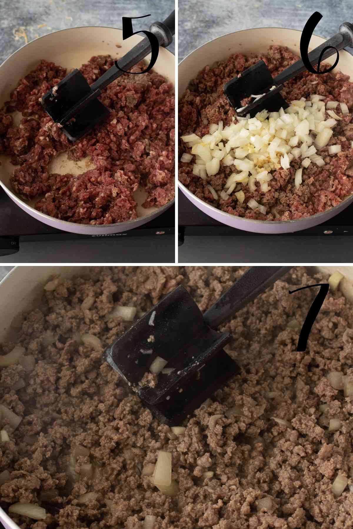 Brown the ground beef with onions and garlic.