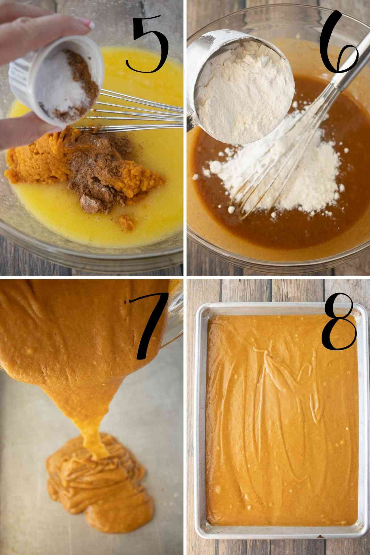 Mix in the dry ingredients and pour pumpkin batter on a prepared baking sheet.