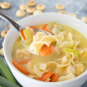 Bowl of creamy chicken noodle soup.