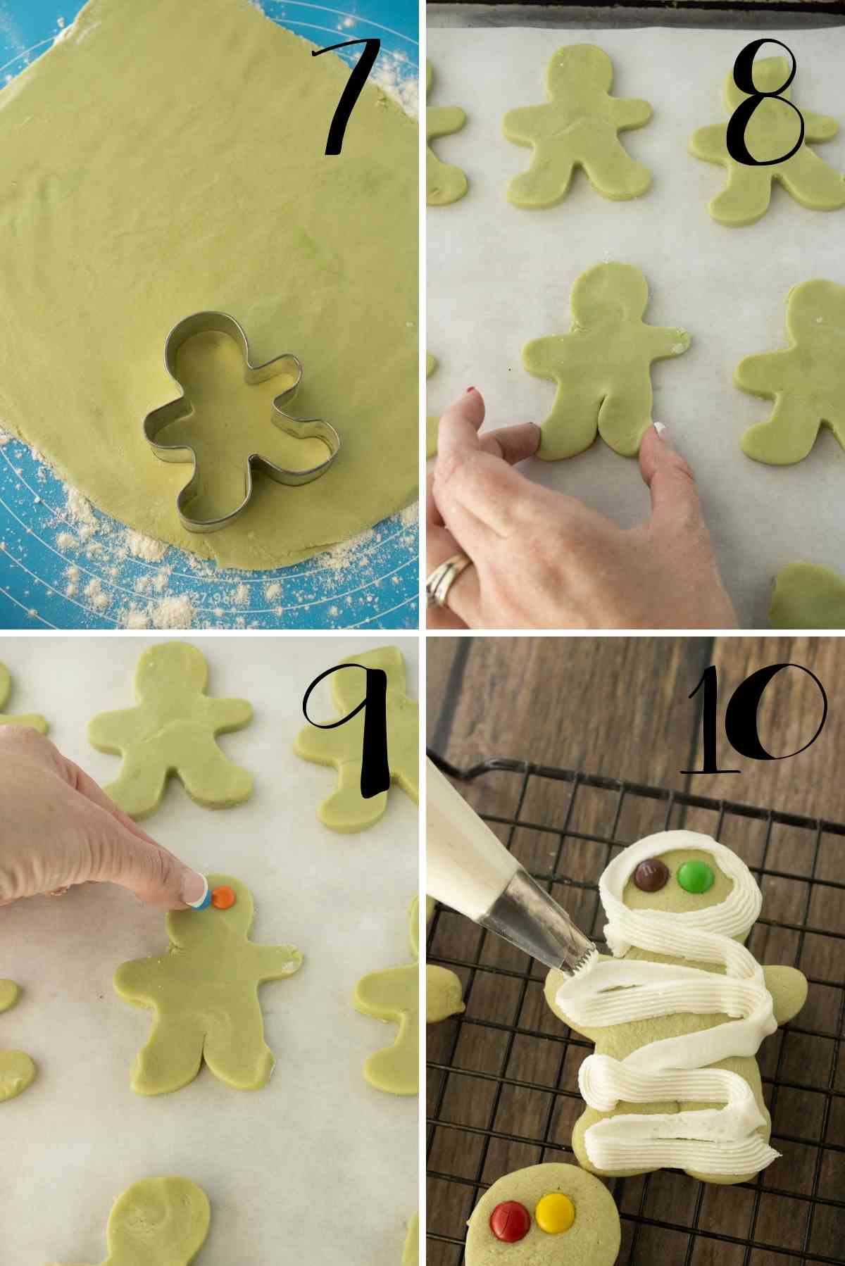Roll out dough, cut out mummies, press on eyes, bake and frost!