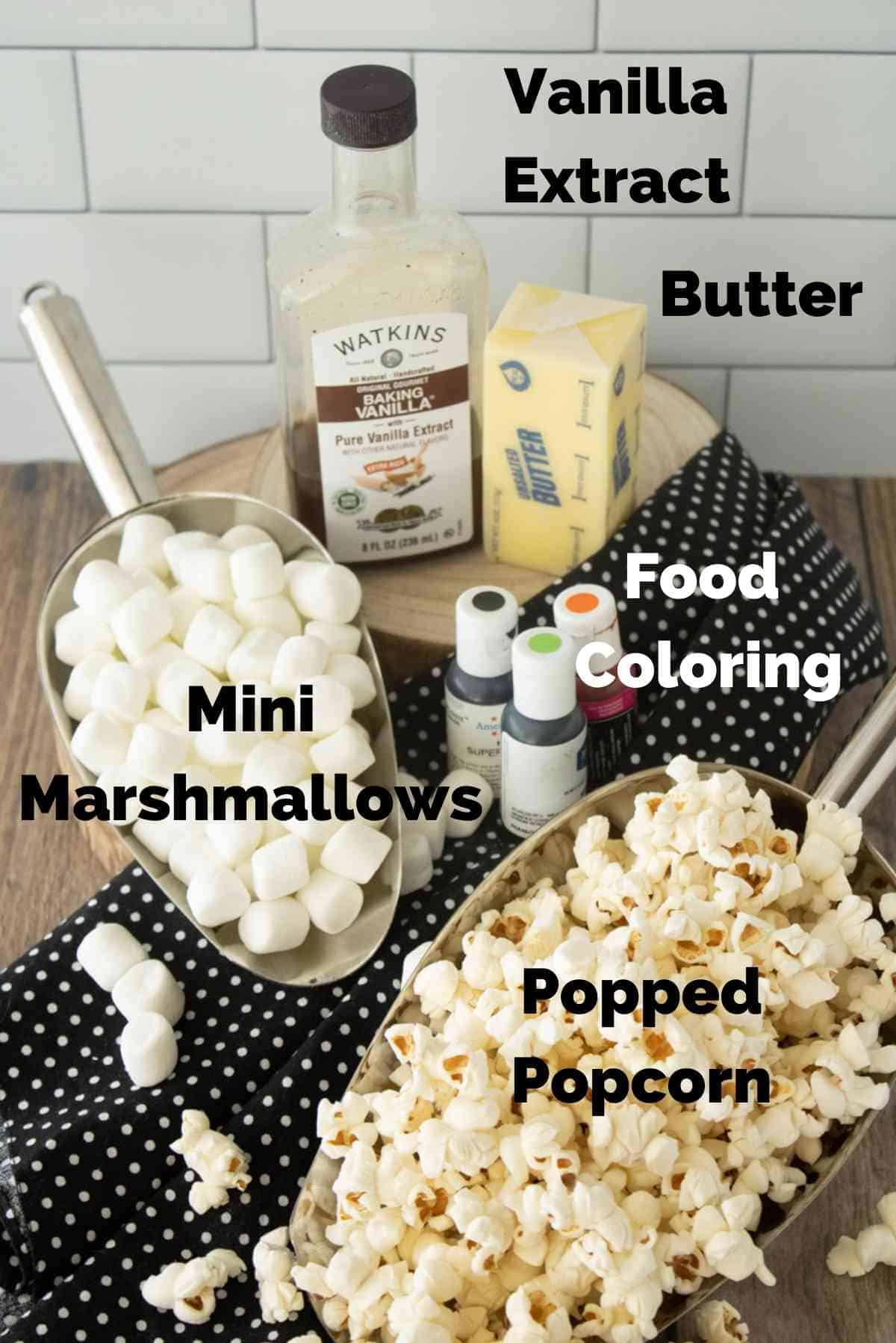 The five ingredient you'll need for these easy marshmallow popcorn balls!