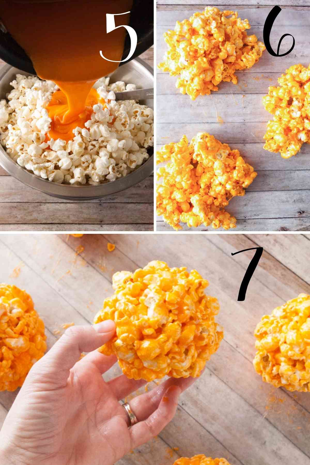 Pour the hot marshmallow over the popcorn, mix and shape into balls.