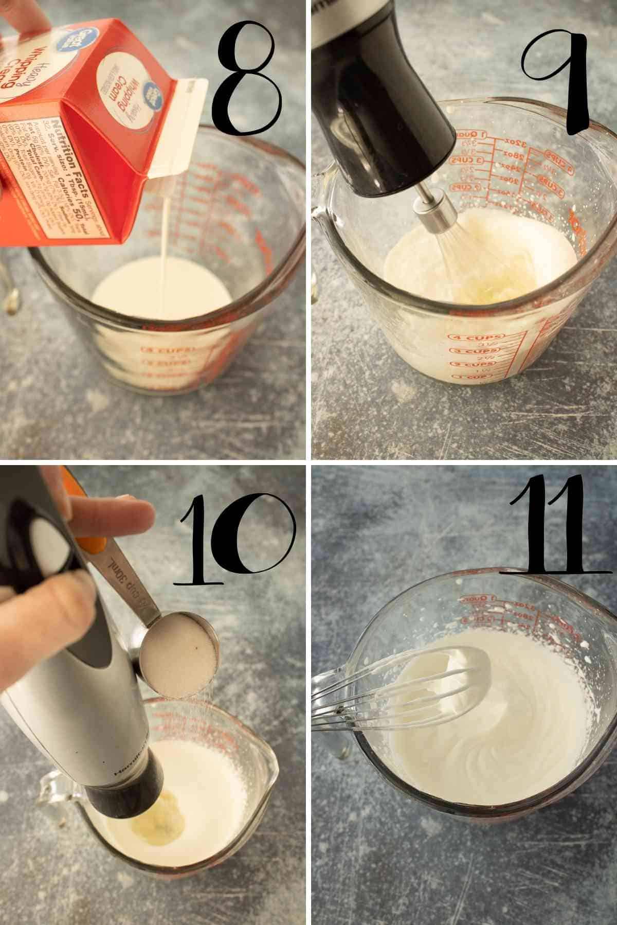 Whip the cream, vanilla, and powdered sugar to stiff peaks.