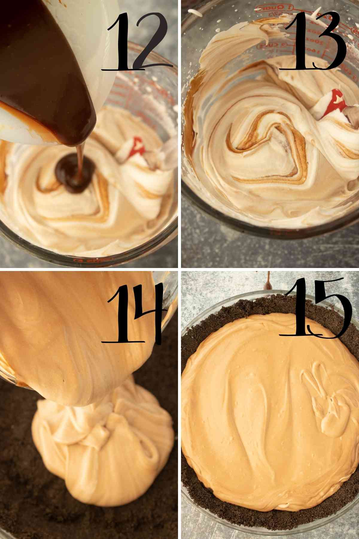 Fold cooled chocolate in the whipped cream and pour into the crust.