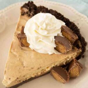 Slice of chocolate peanut butter mousse pie garnished with whipped cream.