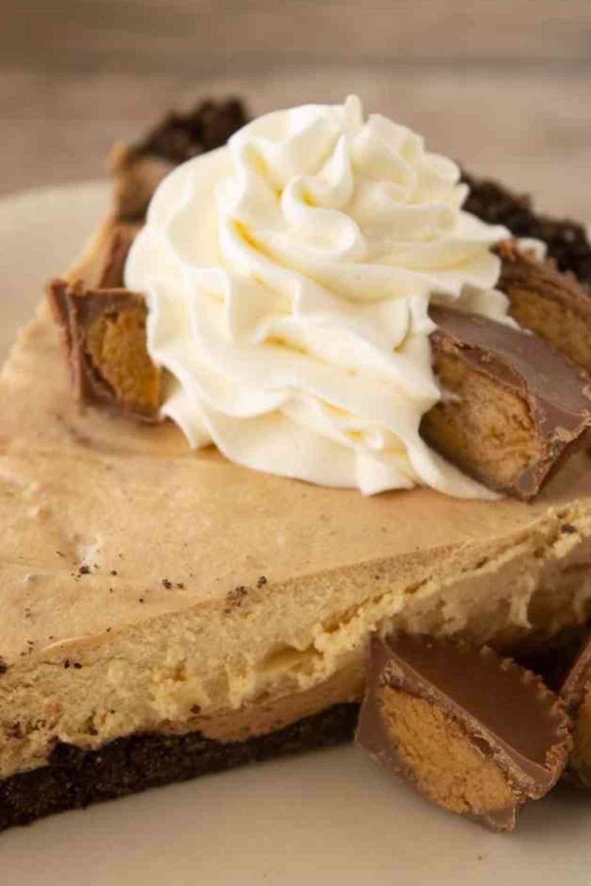 Slice of Chocolate Peanut Butter Mousse pie garnished with whipped cream and reese's!