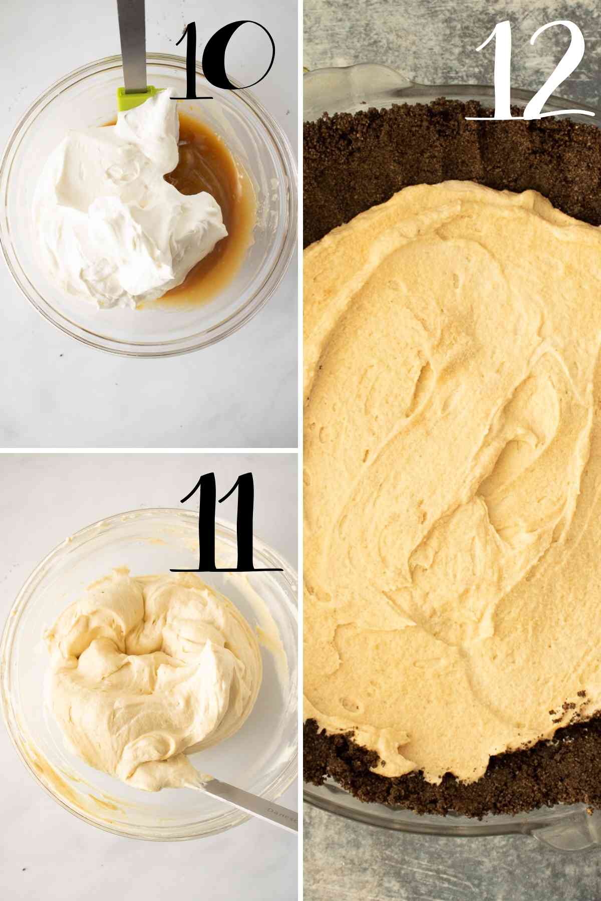 Folding the melted peanut butter chips into the whipped cream and spreading into the crust.