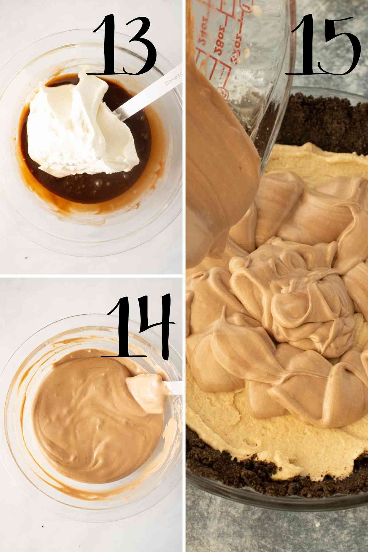 Folding the melted chocolate into whipped cream and spreading over the peanut butter filling.