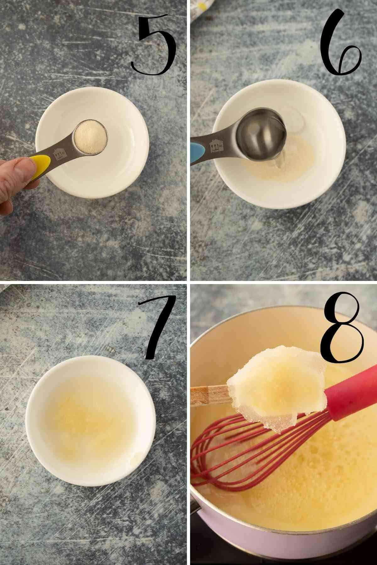 Soften unflavored gelatin and whisk it in the boiling contents in the pot.