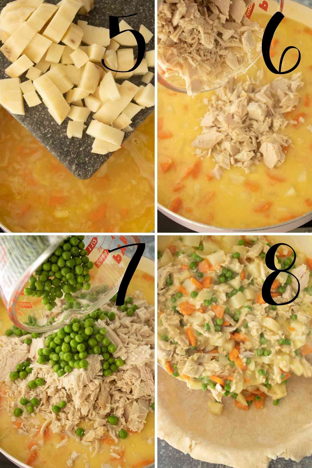 Add the potatoes, turkey, velveeta and cheese to make a creamy filling!