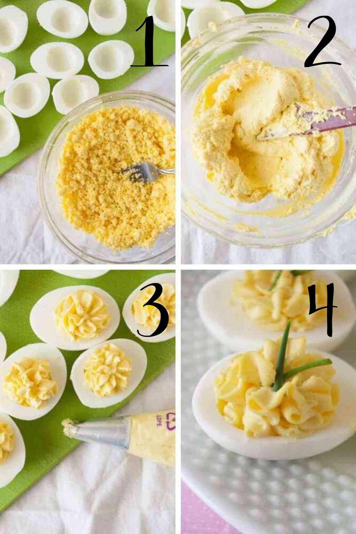 Mash egg yolks, mix in other ingredients and pipe the mixture into the egg whites!
