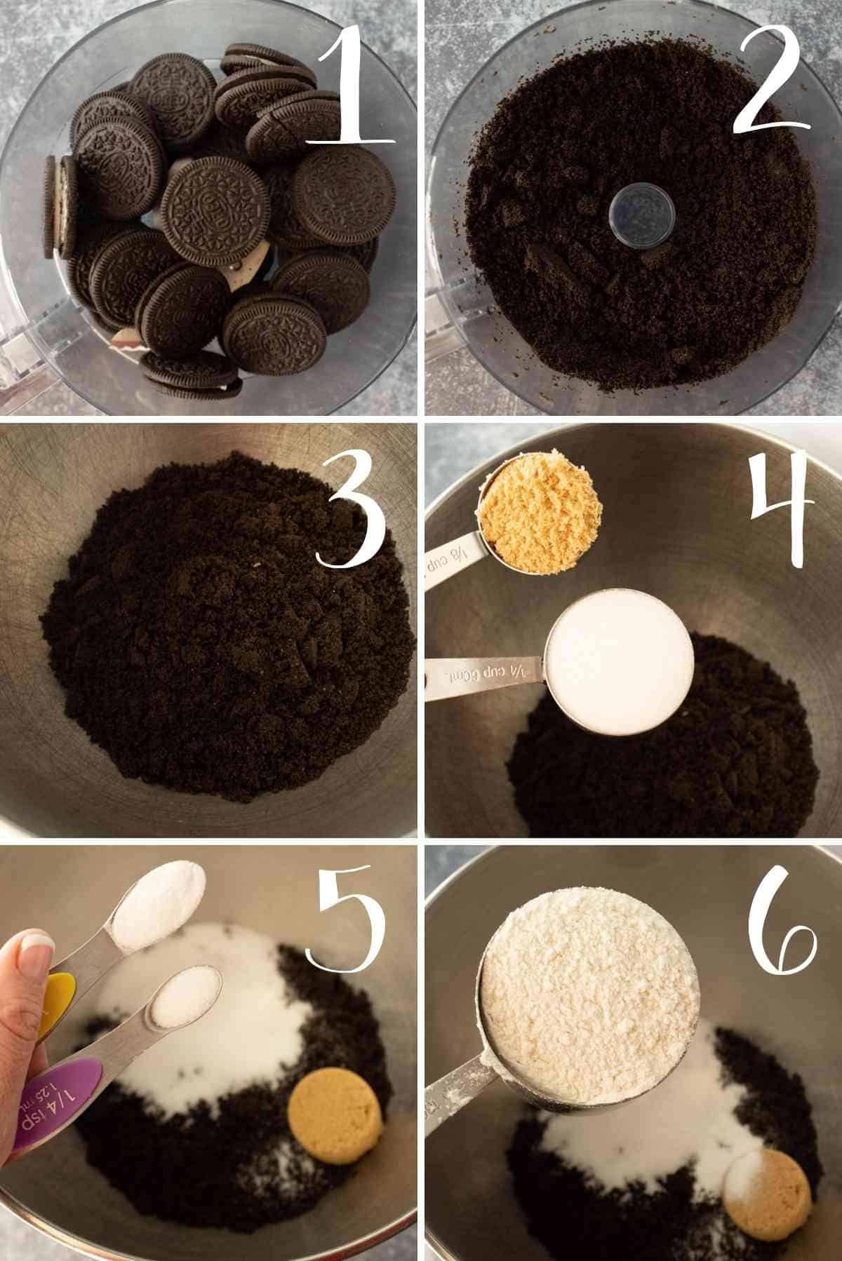 Crushing the oreos to crumbs following by adding them to a bowl with the other dry ingredients.