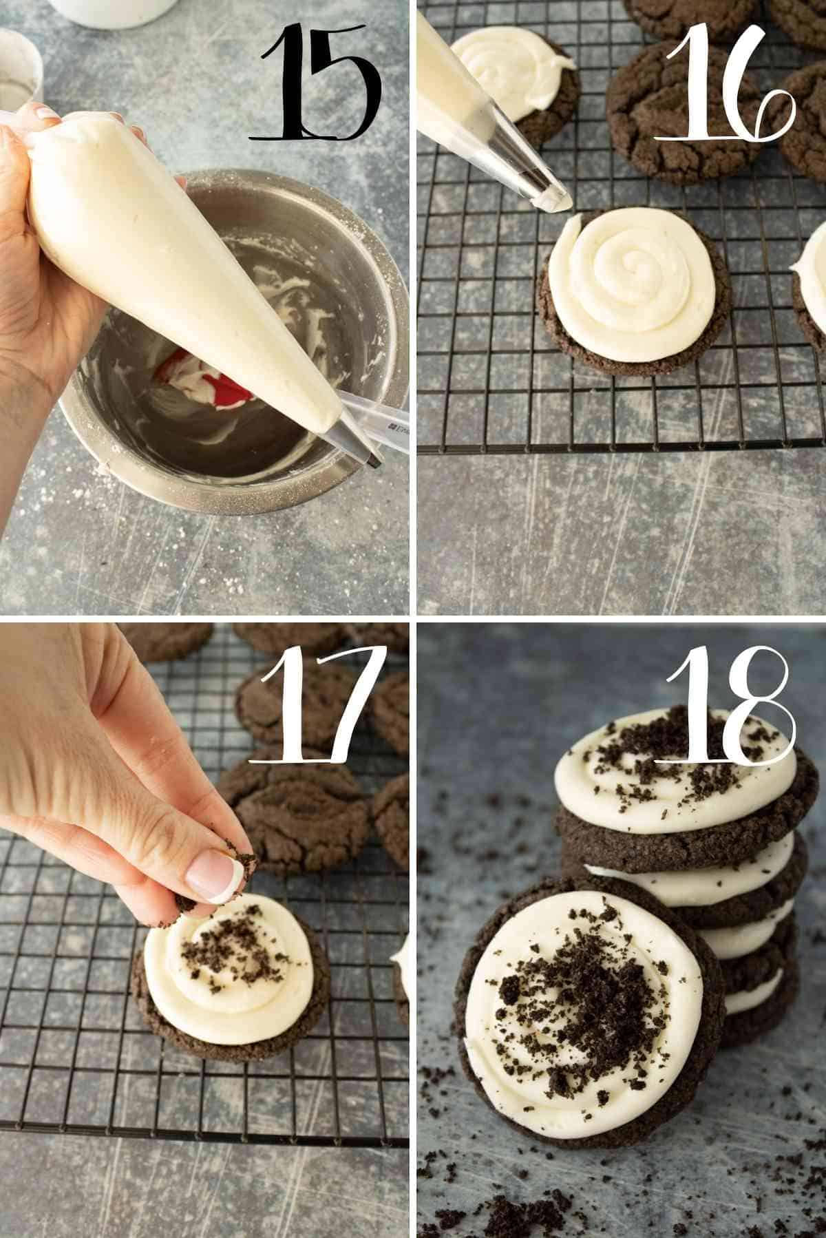 Fill a frosting bag with cream cheese frosting, pipe in a swirl on the cookies and sprinkle with oreo crumbs.