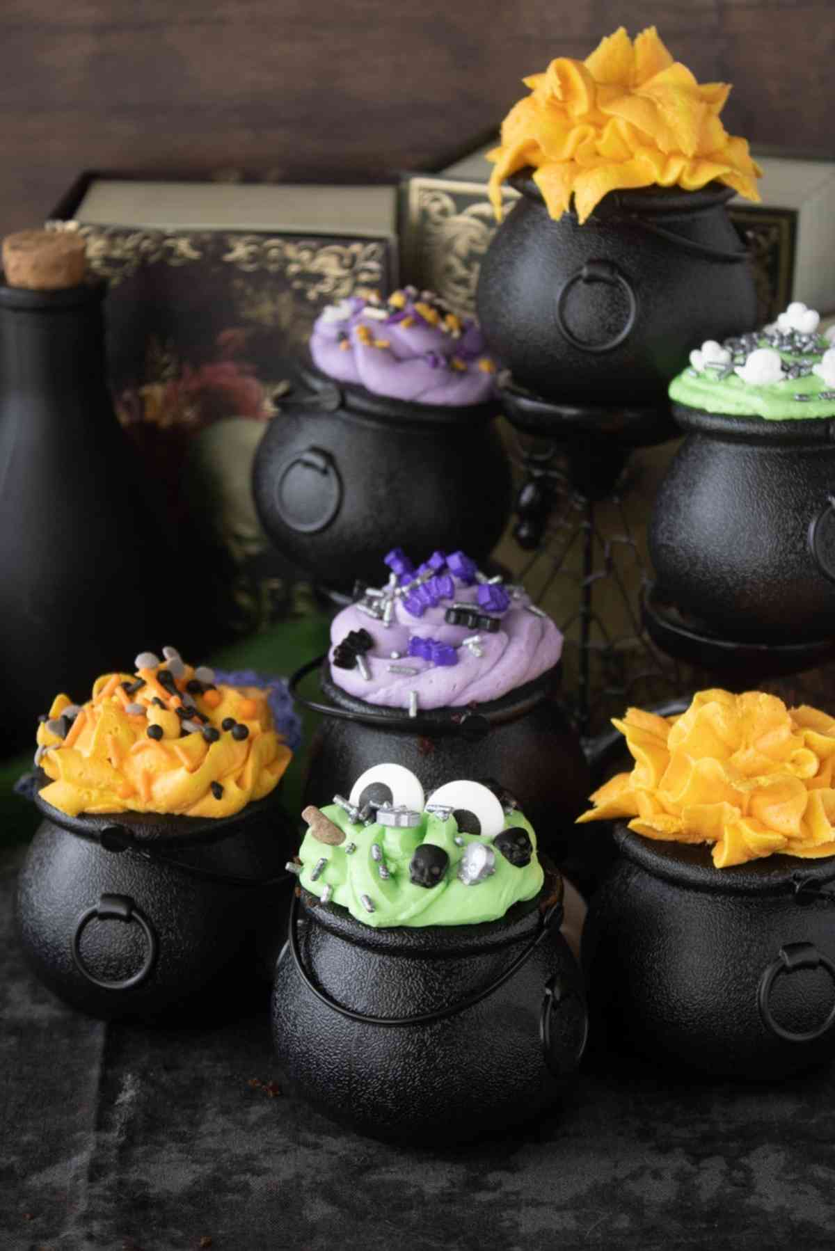 Little black cauldrons filled with chocolate cake and decorated for Halloween!