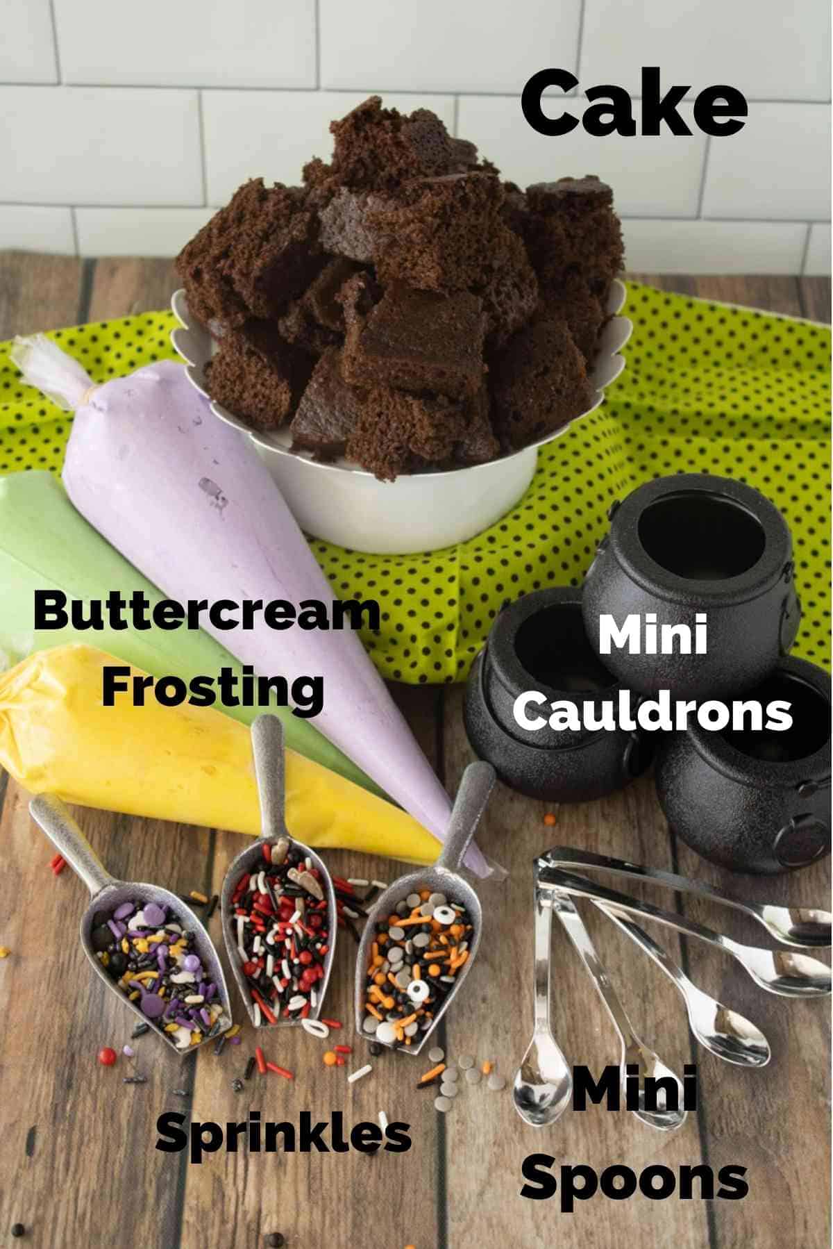 Cake, buttercream frosting, sprinkles, mini cauldrons and mini spoons.