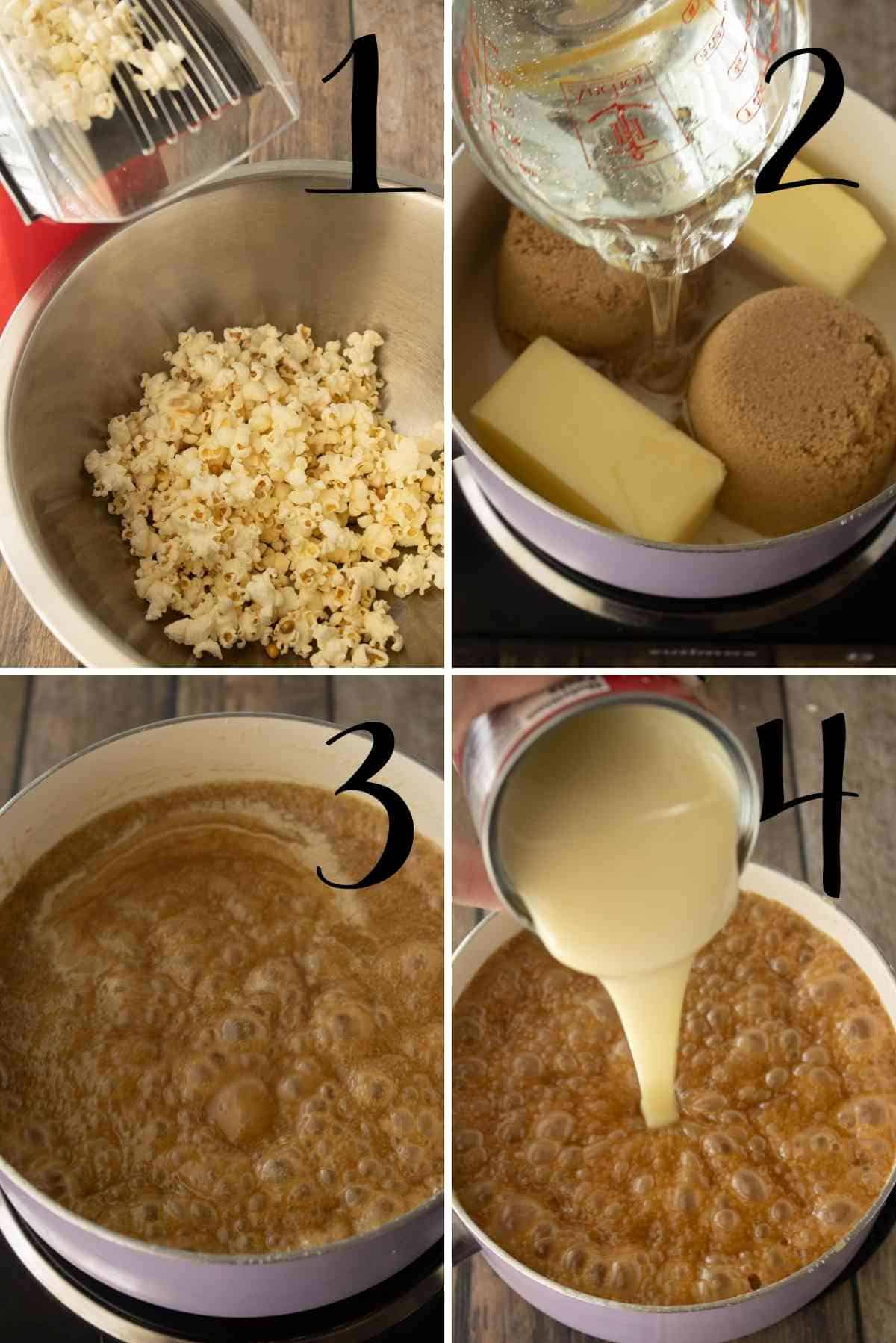 Pop the popcorn and whip up the caramel mixture!