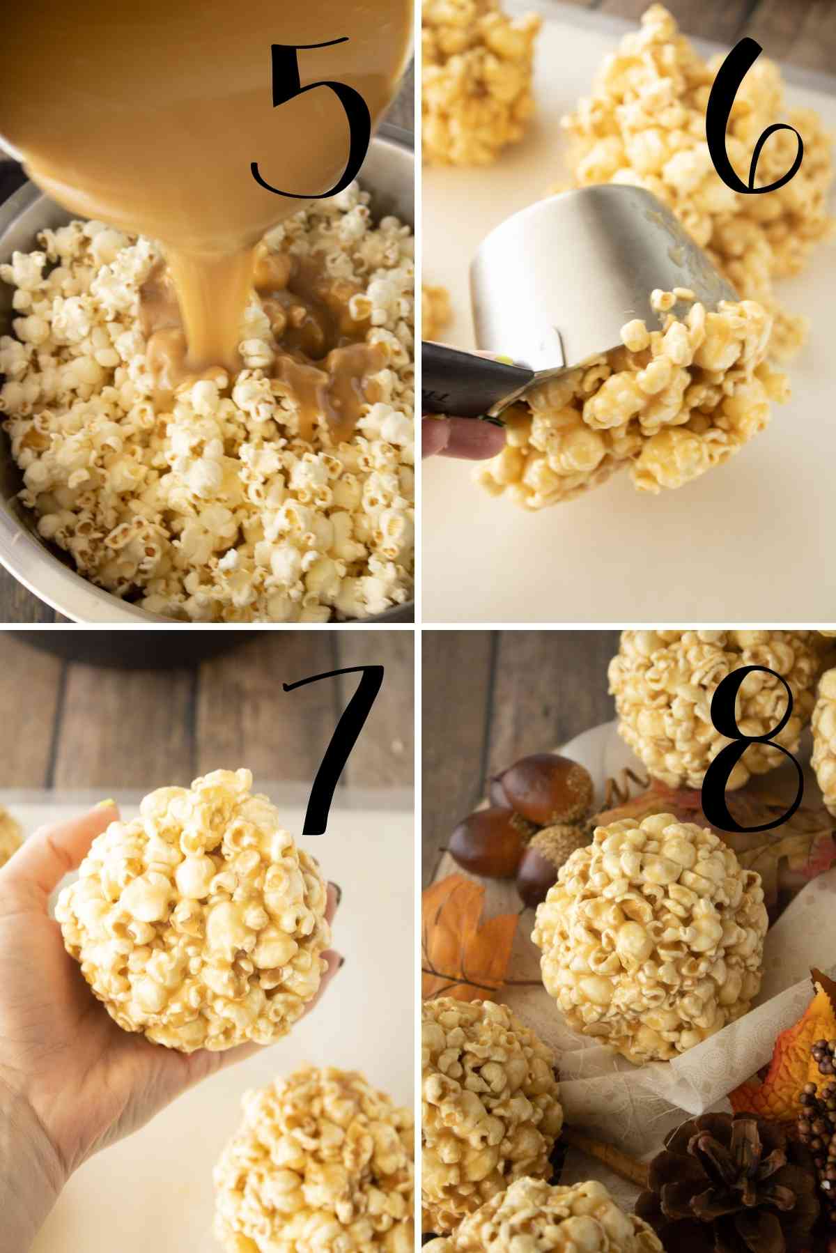 Pour the caramel over the popcorn and shape the popcorn mixture into homemade caramel popcorn balls!