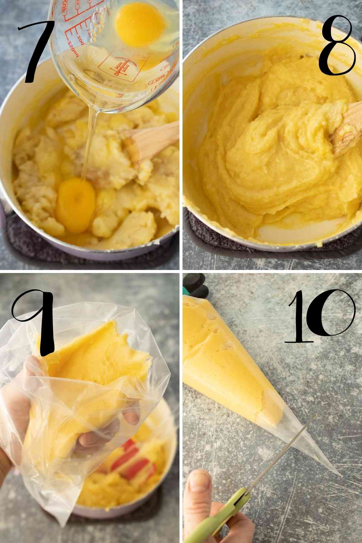 Add eggs to choux paste and scoop choux paste into a piping bag.