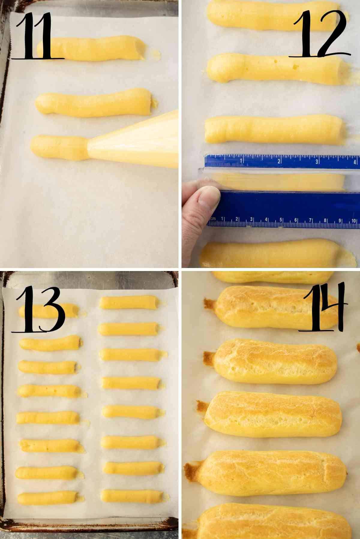 Pipe the choux paste into 3 inch strips on a prepared baking sheet.