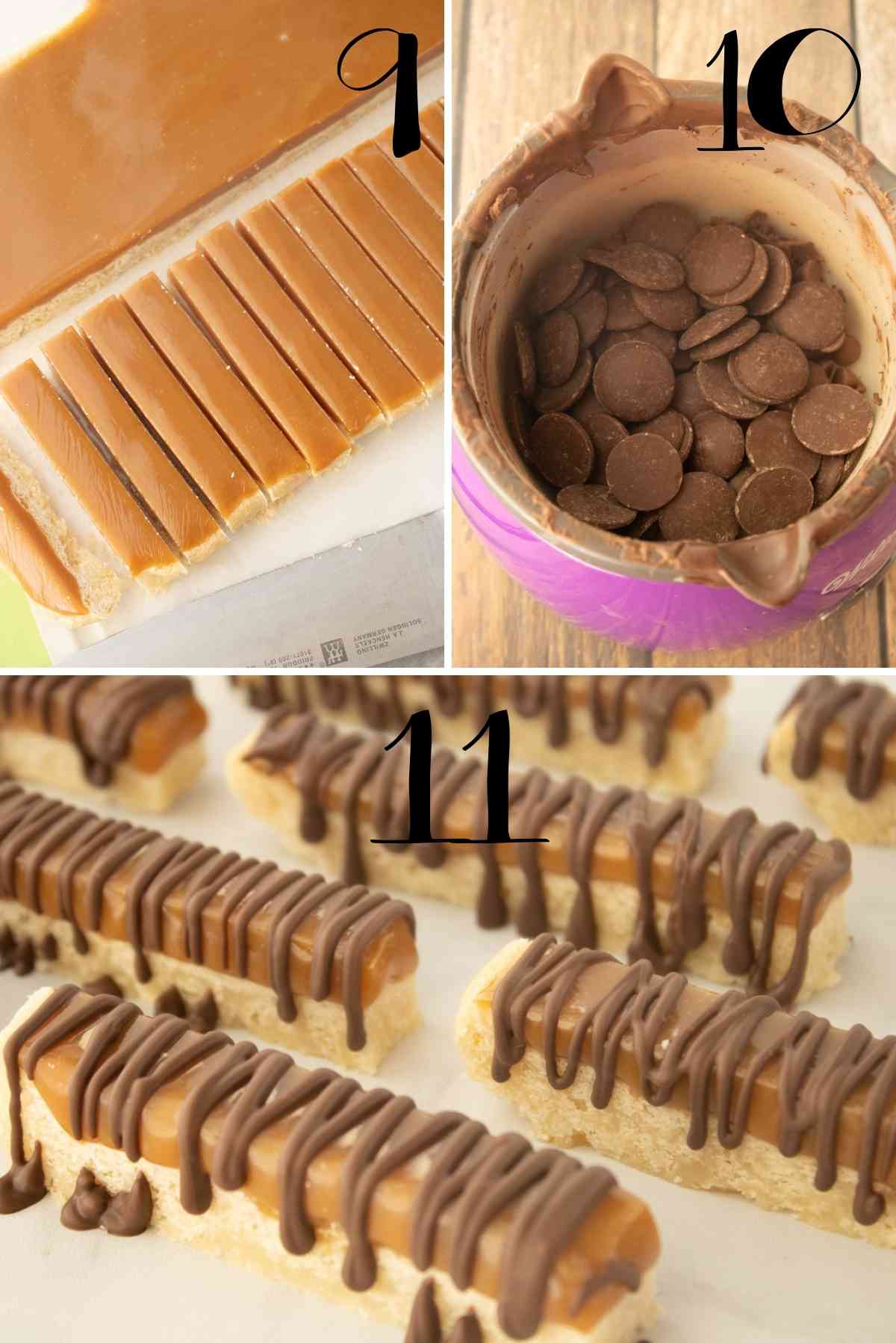 Cut into twix bars and drizzle with melted chocolate.