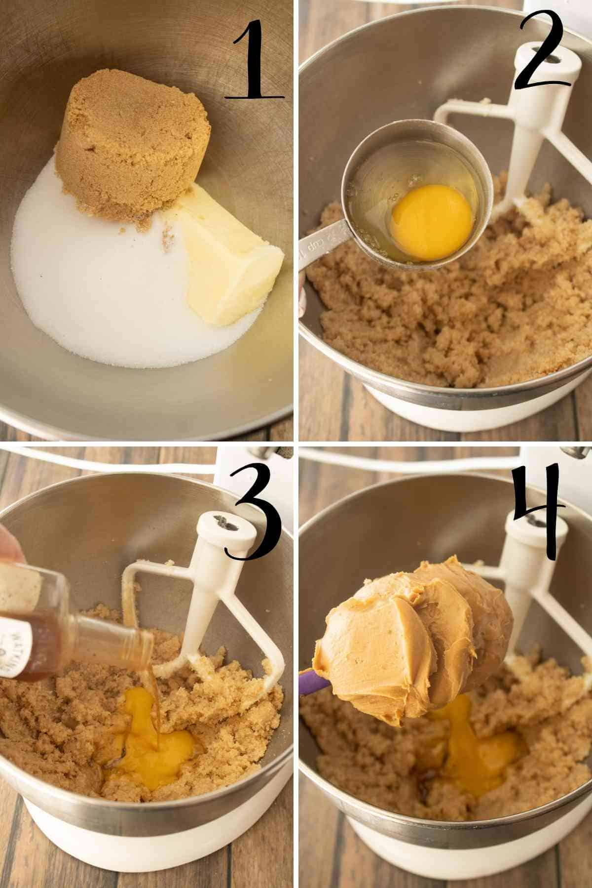 Cream sugars, butter, egg, vanilla and peanut butter.