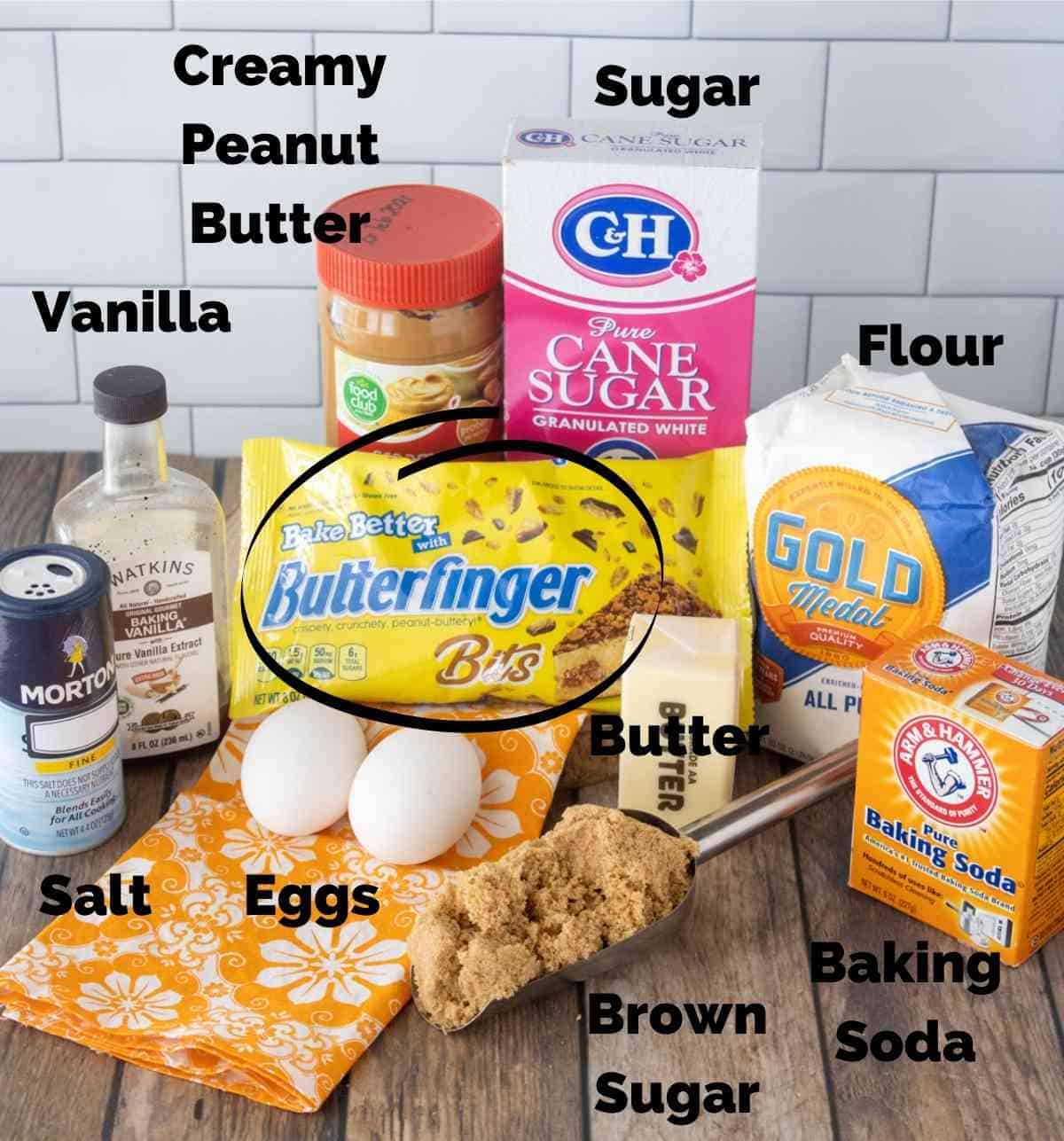 Ingredients needed to make Butterfinger cookies.