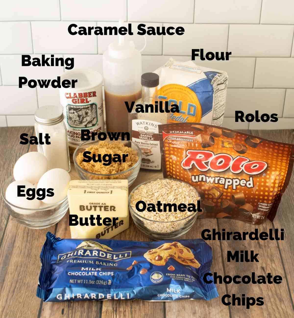 Ingredients to make Crumbl Oatmeal Rolo Cookies