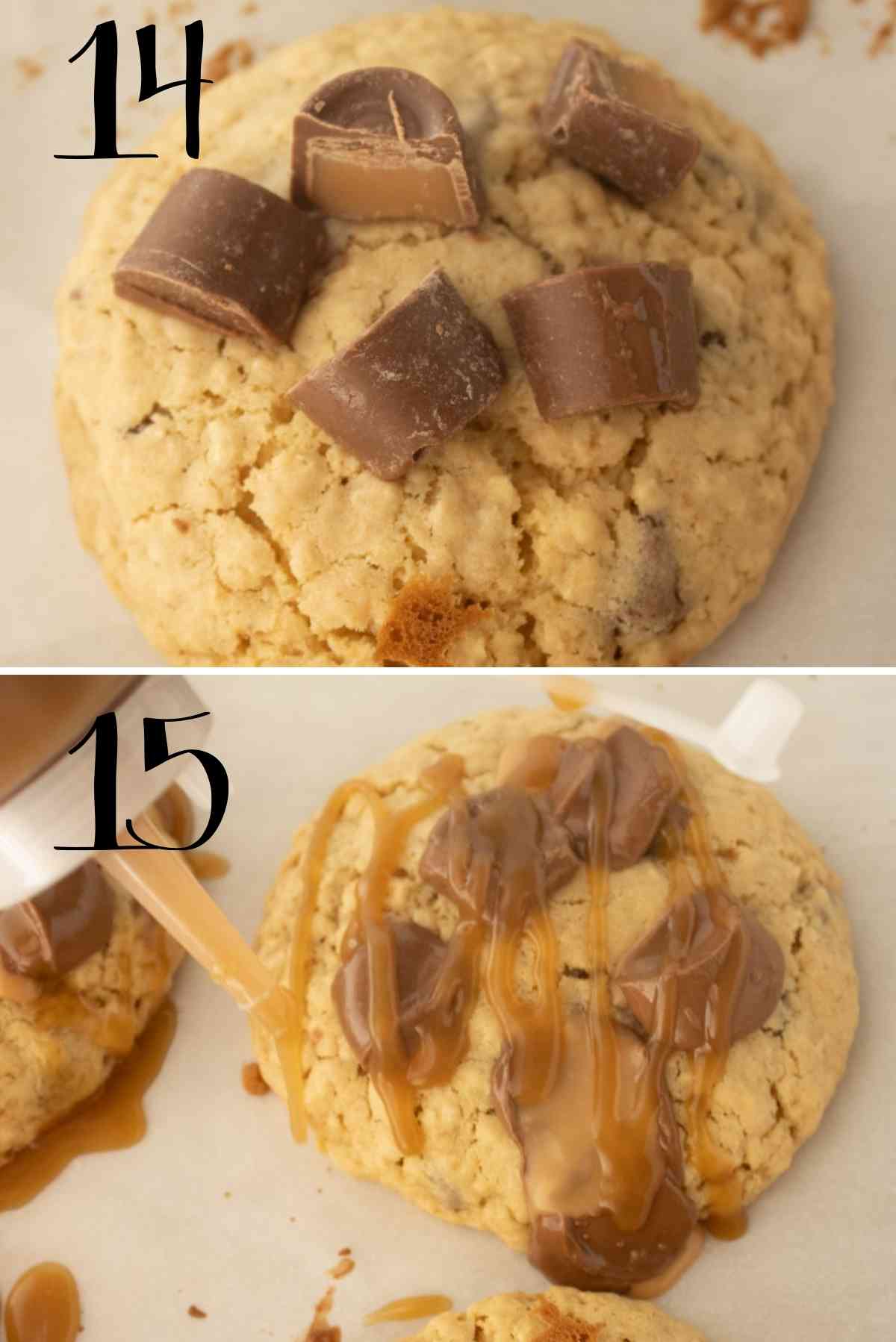 Melt the rolos on the tops of the hot cookies and drizzle with caramel sauce.