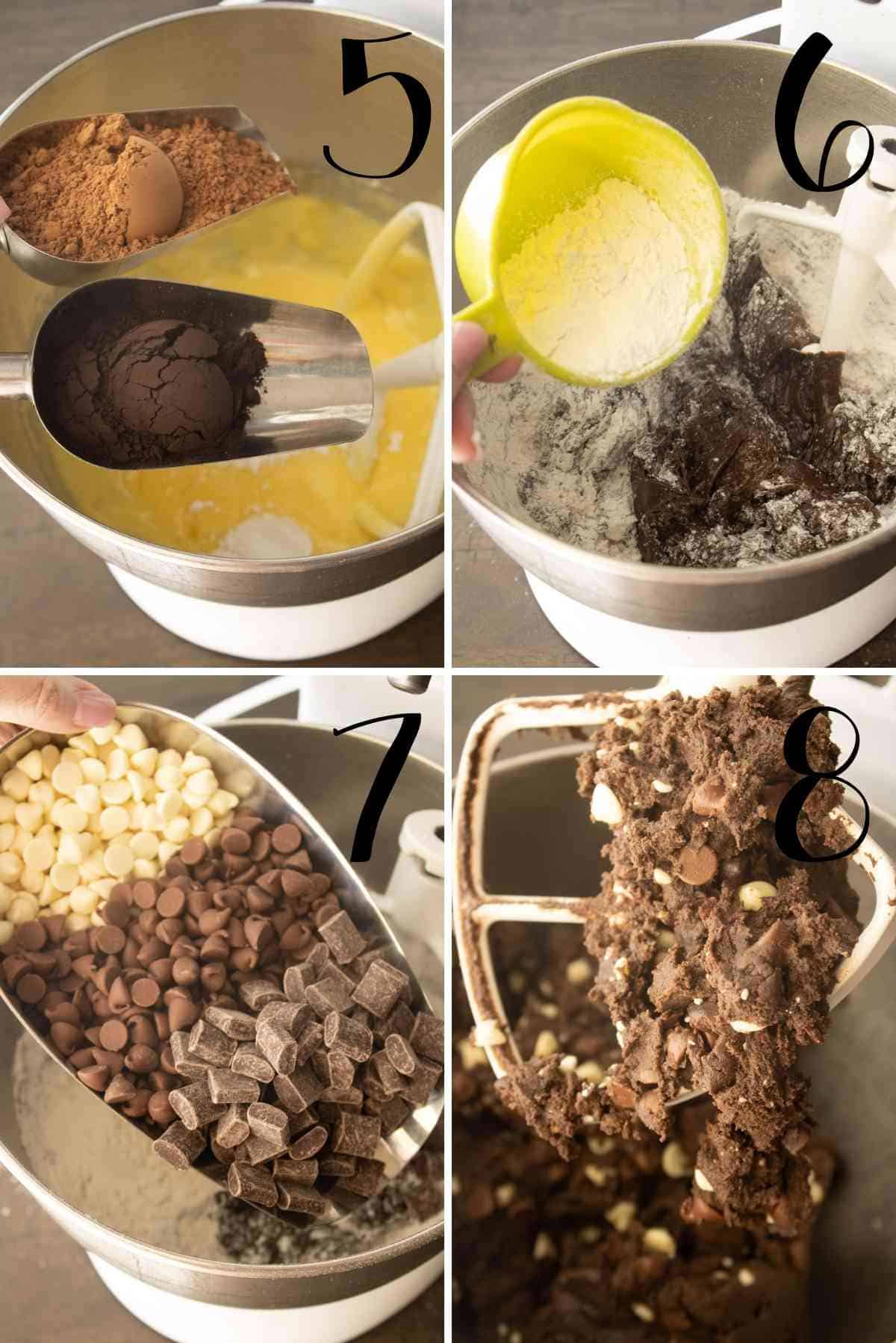 Add the dry ingredients and the three different types of chocolate!