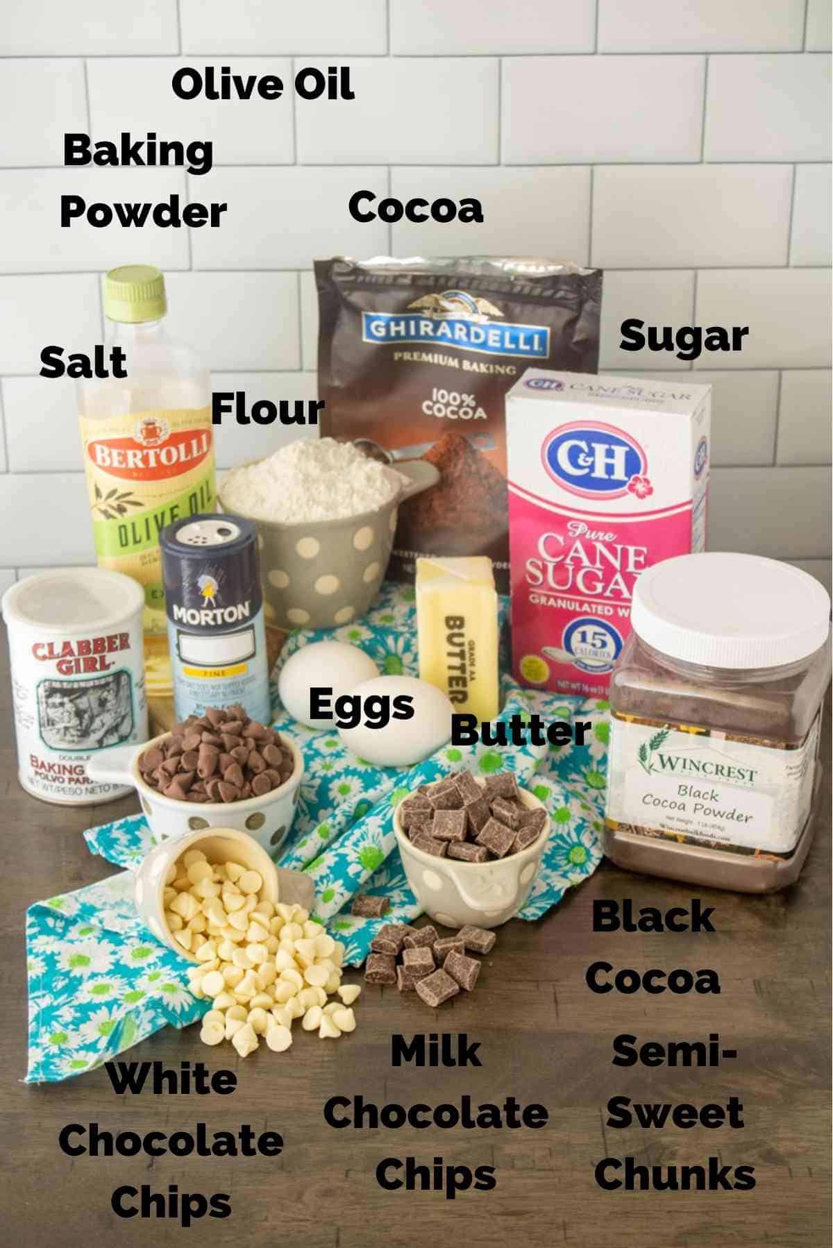Ingredients you'll need for this triple chocolate chip cookie recipe!