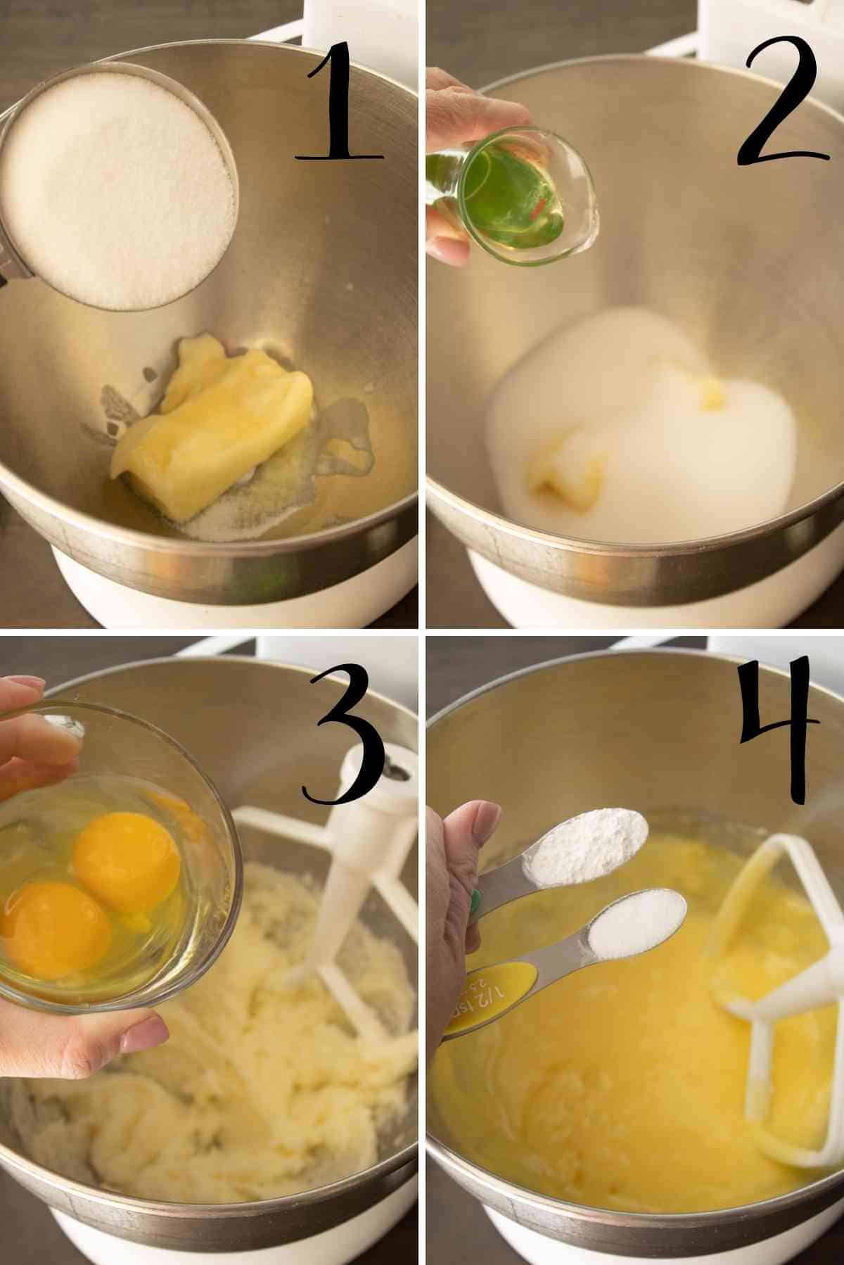 Cream the butter, oil and sugar.  add eggs.