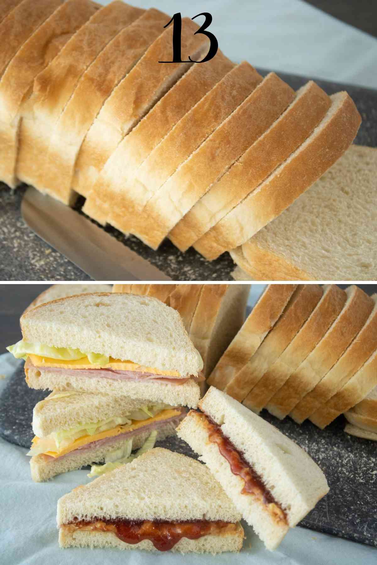 Loaf sliced into slices and sandwiches made.