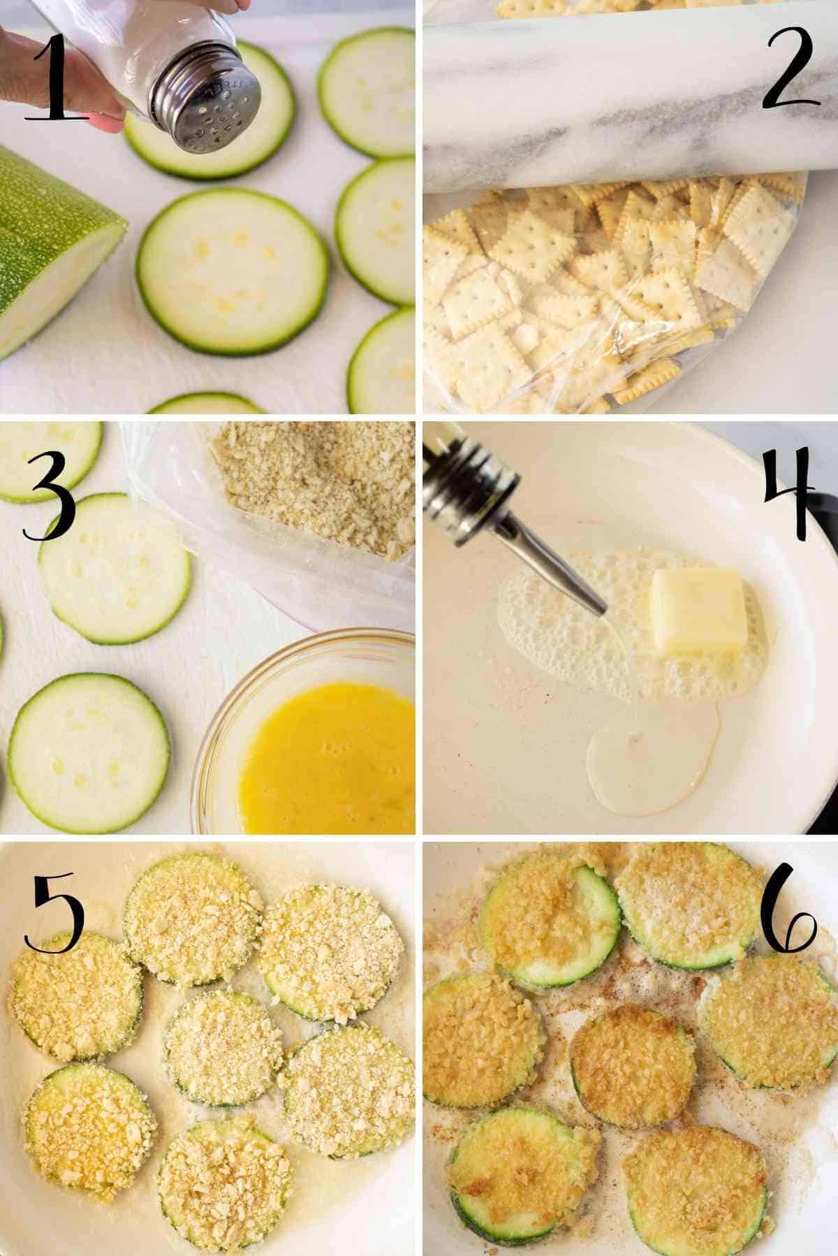 Steps showing how to fry the zucchini.
