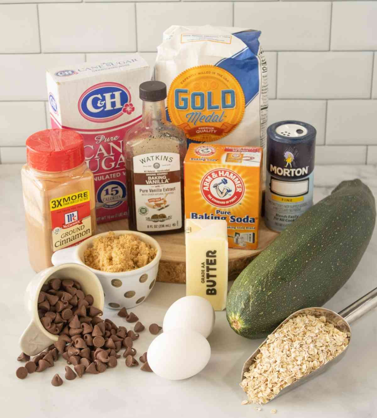 Ingredients needed to make zucchini chocolate chip cookies.