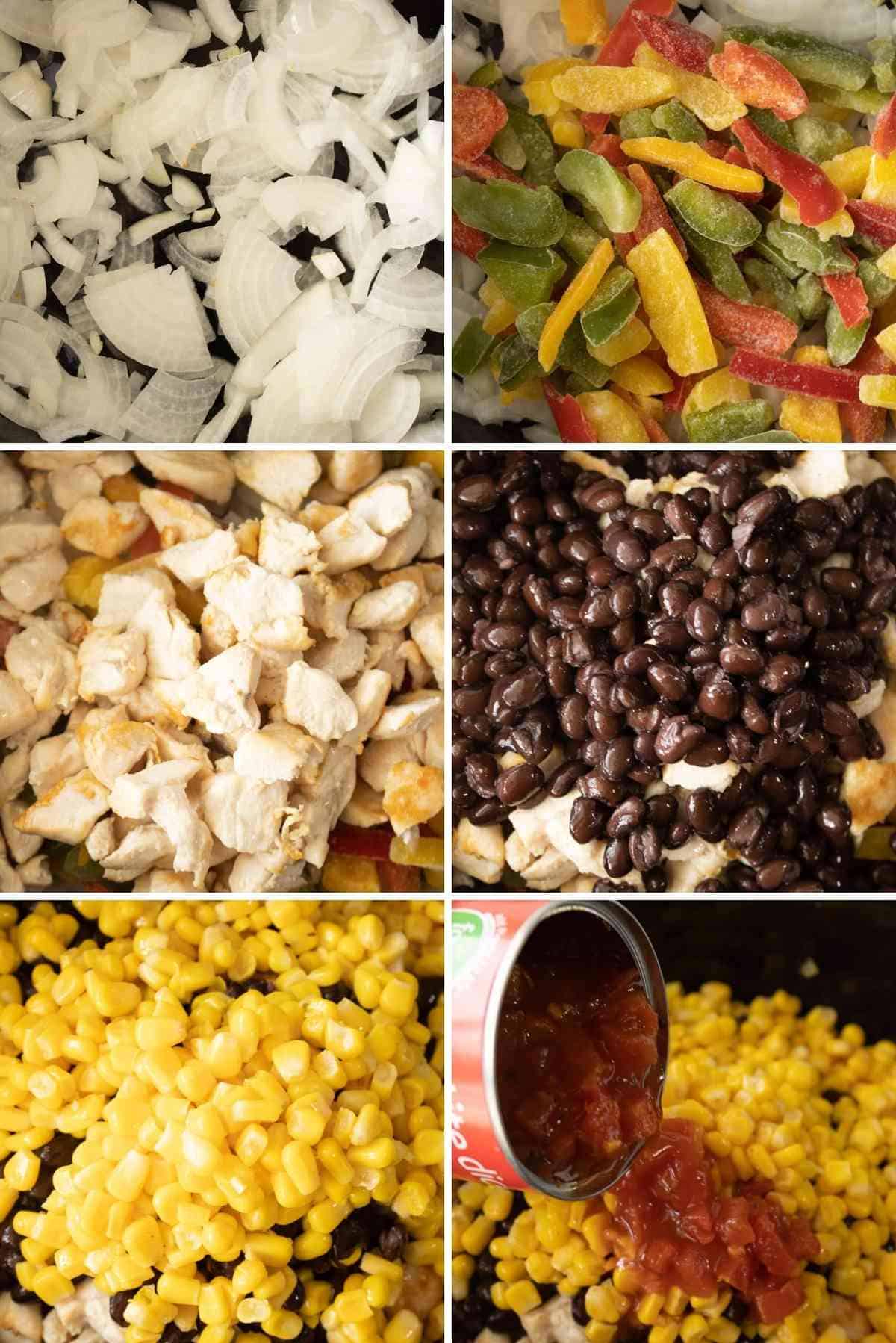 Dump onions, peppers, chicken, black beans, corn and diced tomatoes into the crockpot.