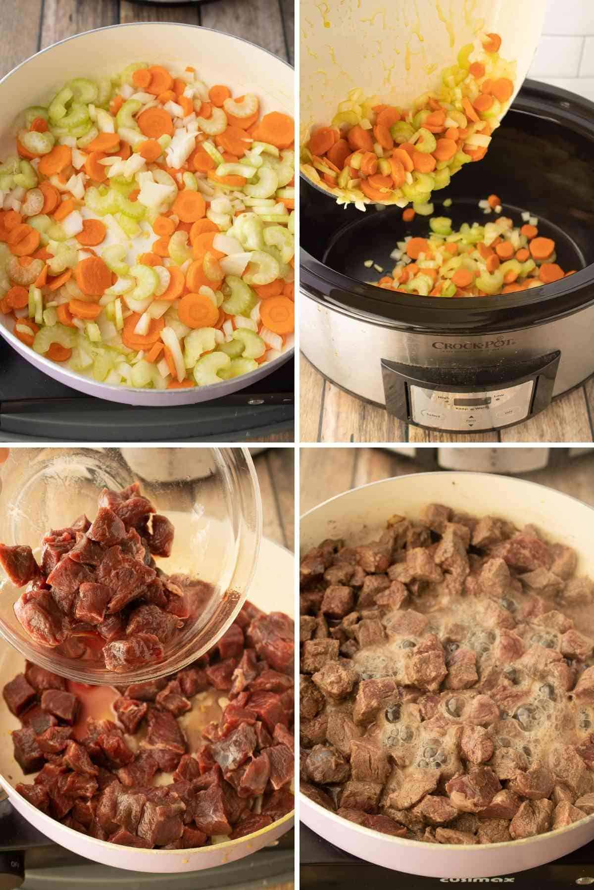 Saute vegetables, add to slow cooker, brown meat.