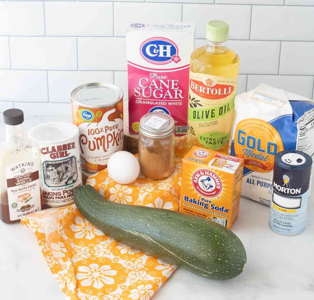 Ingredients needed for this pumpkin zucchini bread recipe!