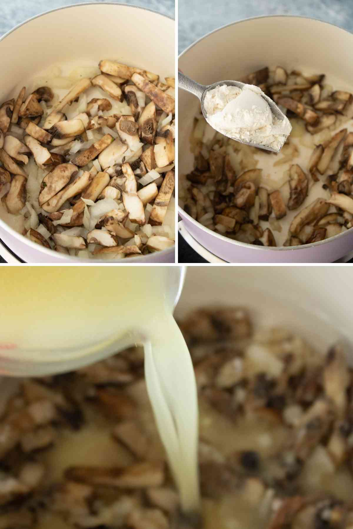 Saute's mushrooms, add flour and then chicken broth.