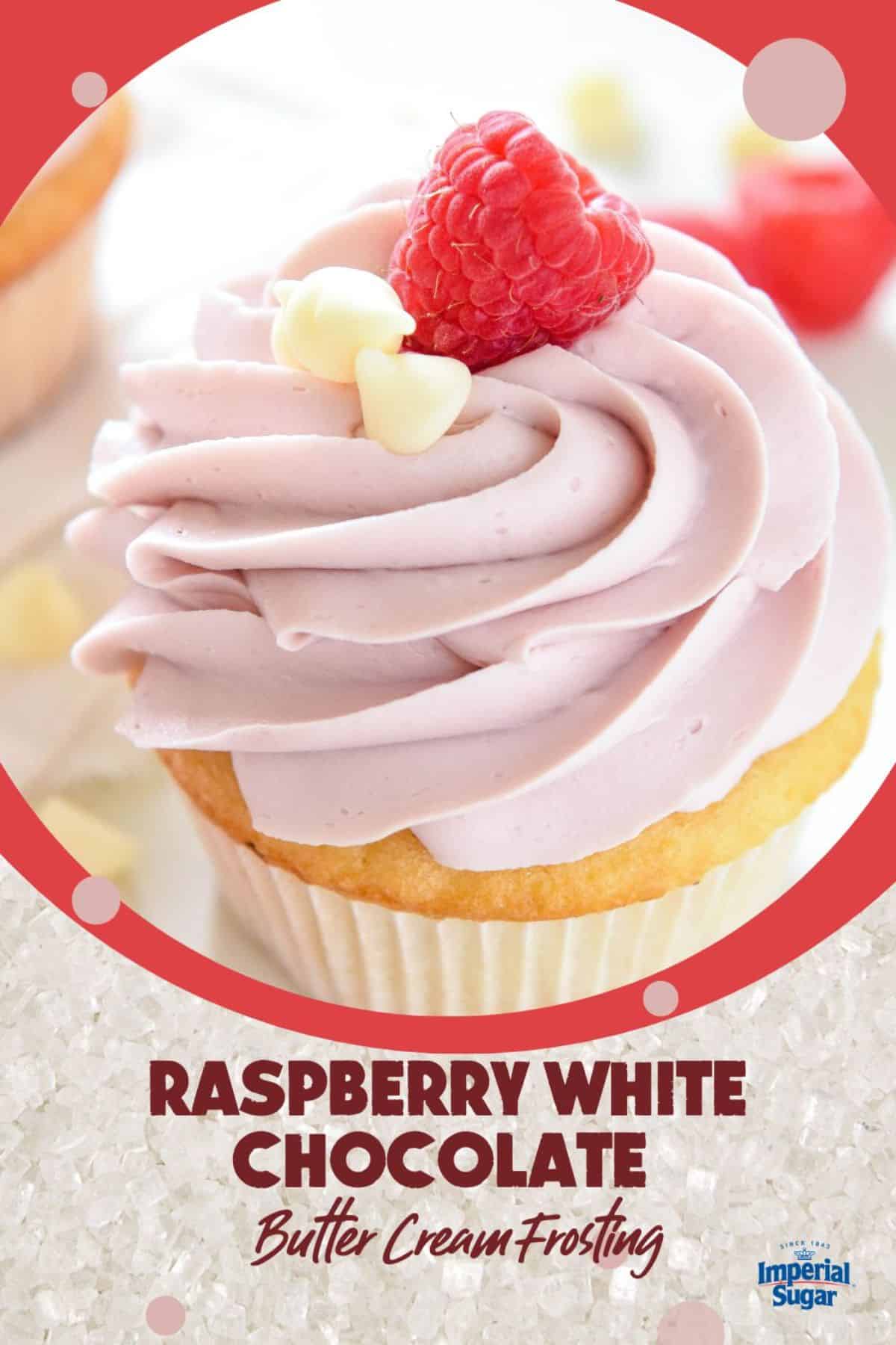 A cupcake with Raspberry White Chocolate Frosting.