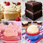 Four images of cake frosting ideas.