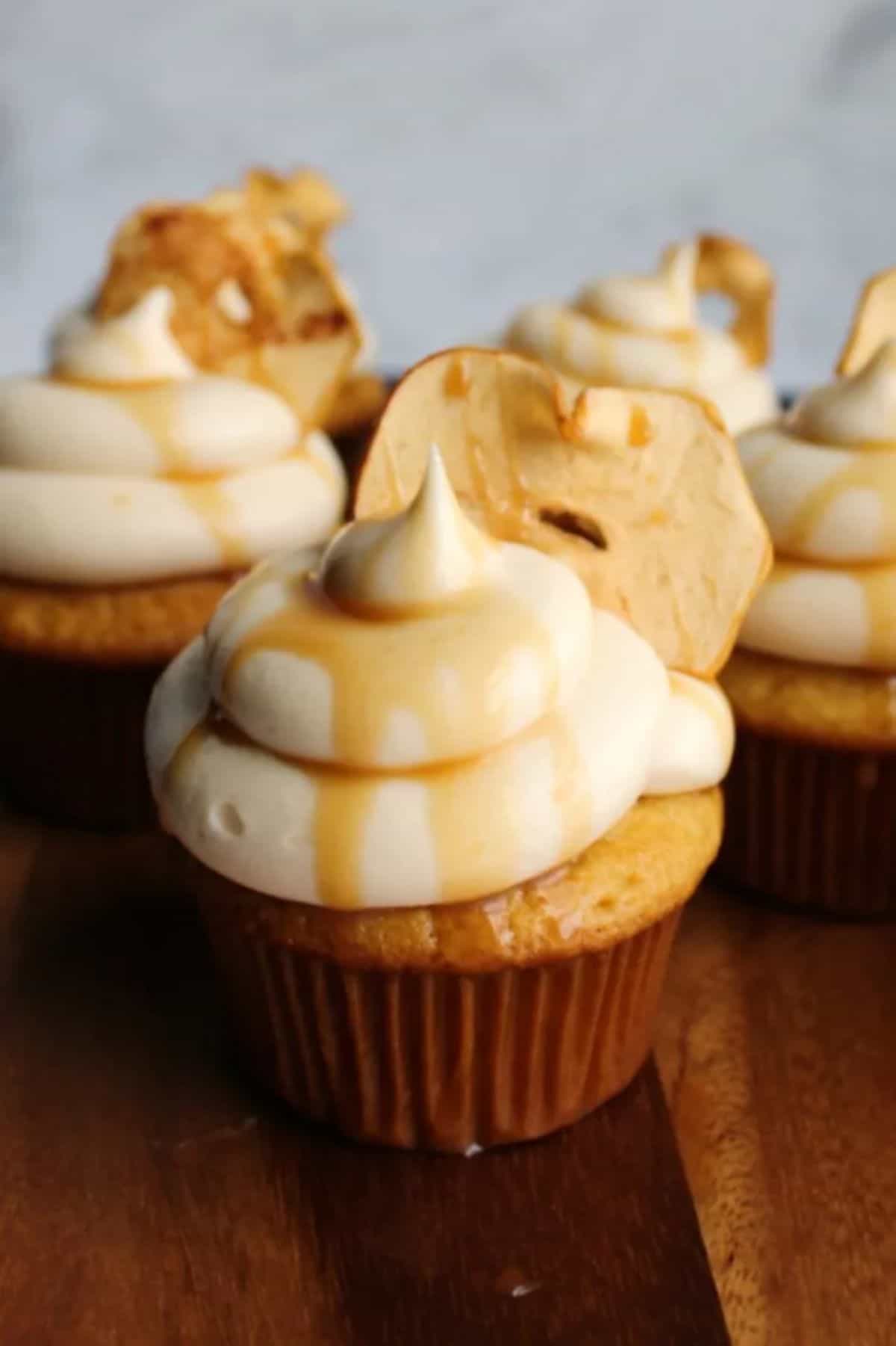 A bunch of cupcakes with Salted Caramel Cream Cheese Frosting.