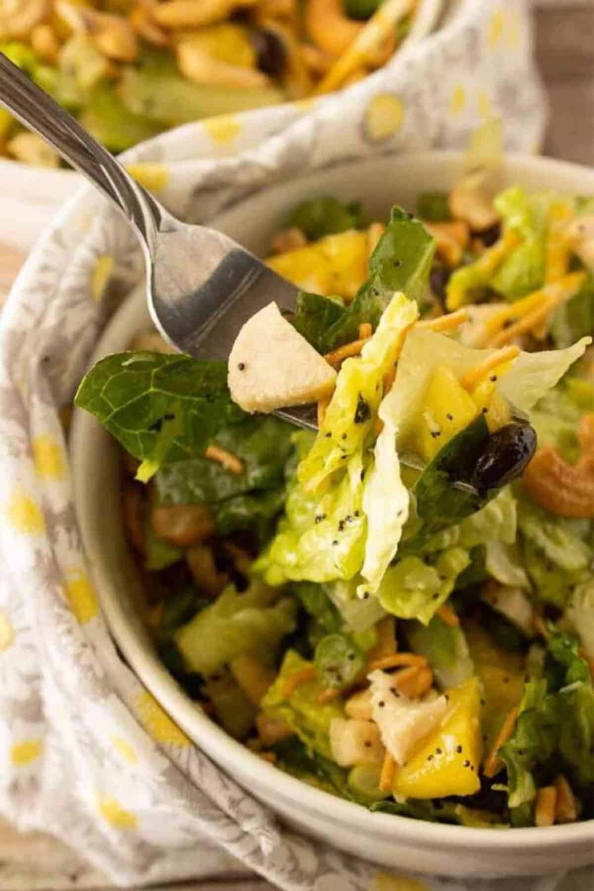 Hawaiian Salad with Chicken and Pineapple in a white bowl.