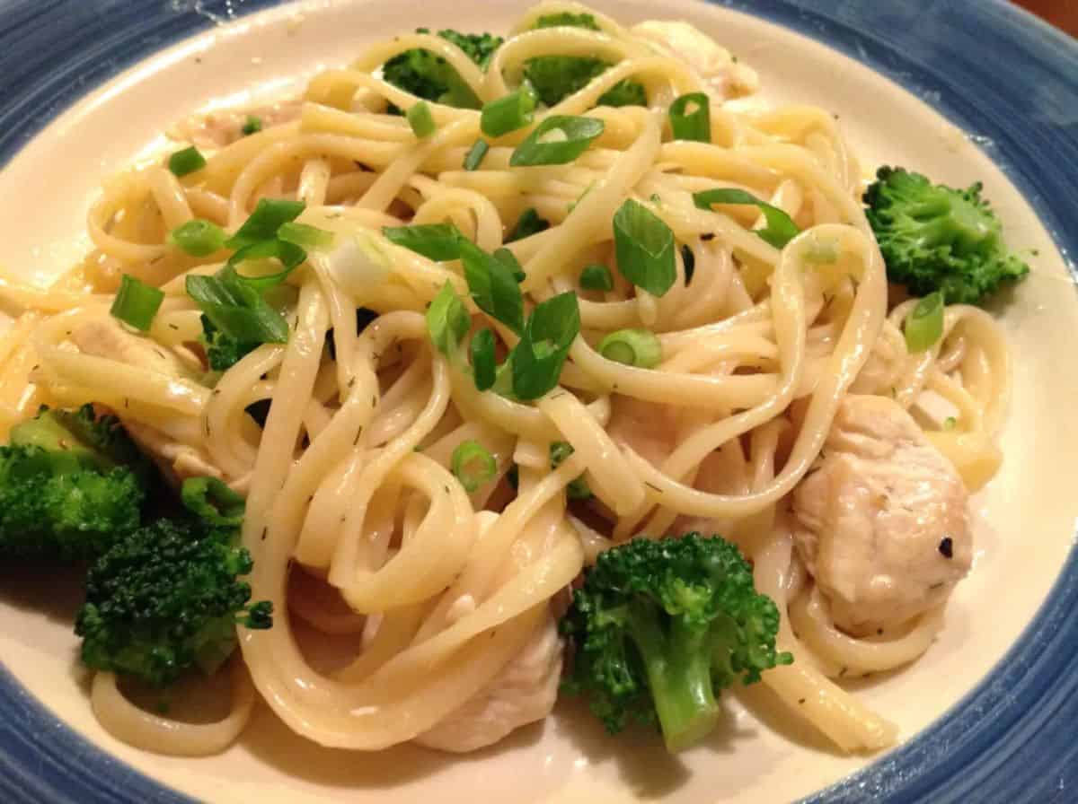 Delicious Tarragon Chicken Linguine on a plate.