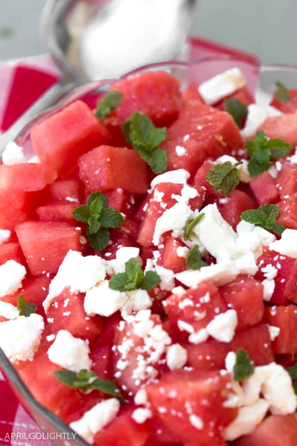 Watermelon Salad in a glass bowl.