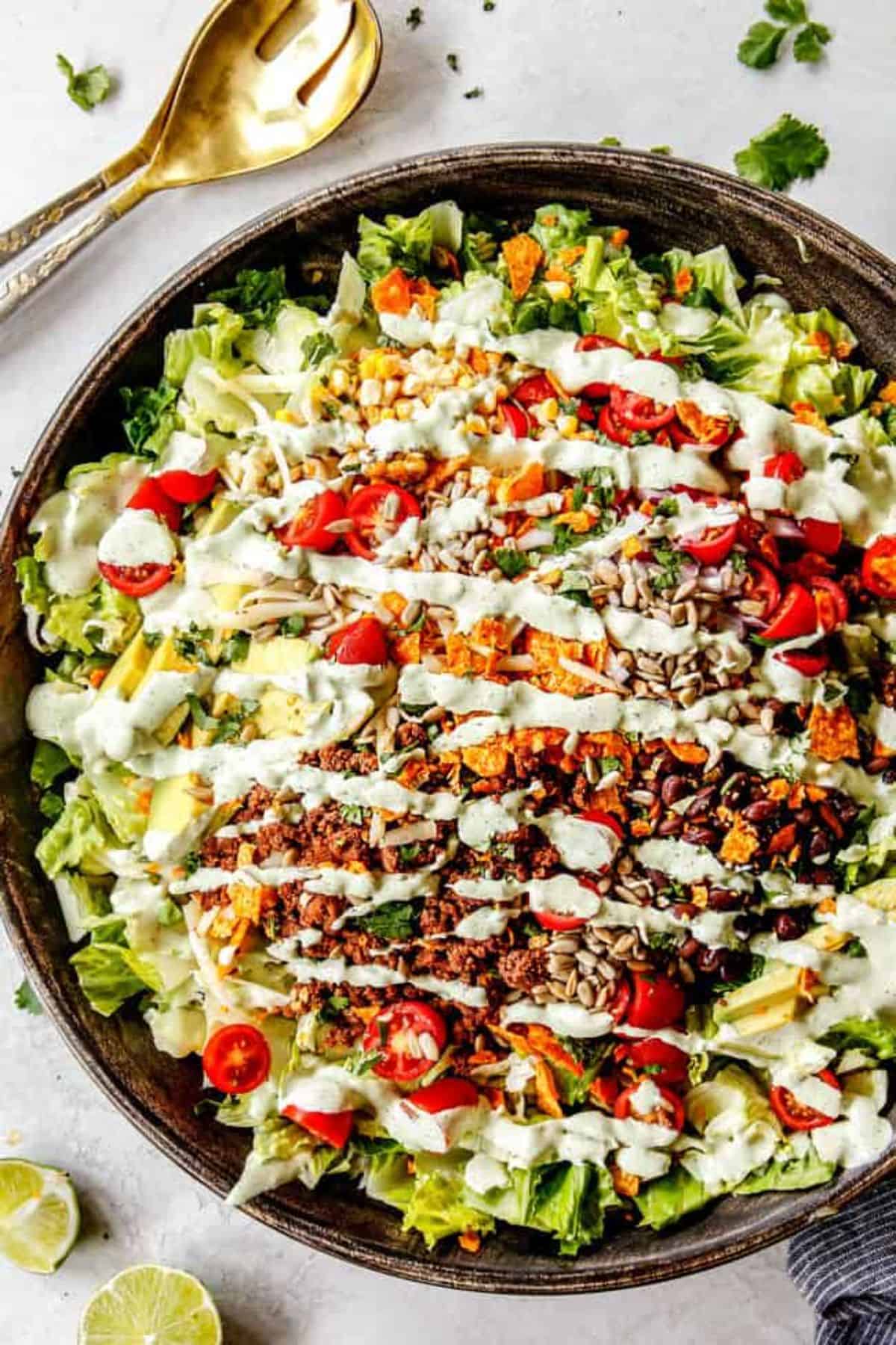 Taco Salad with Cilantro Lime Dressing in a skillet.
