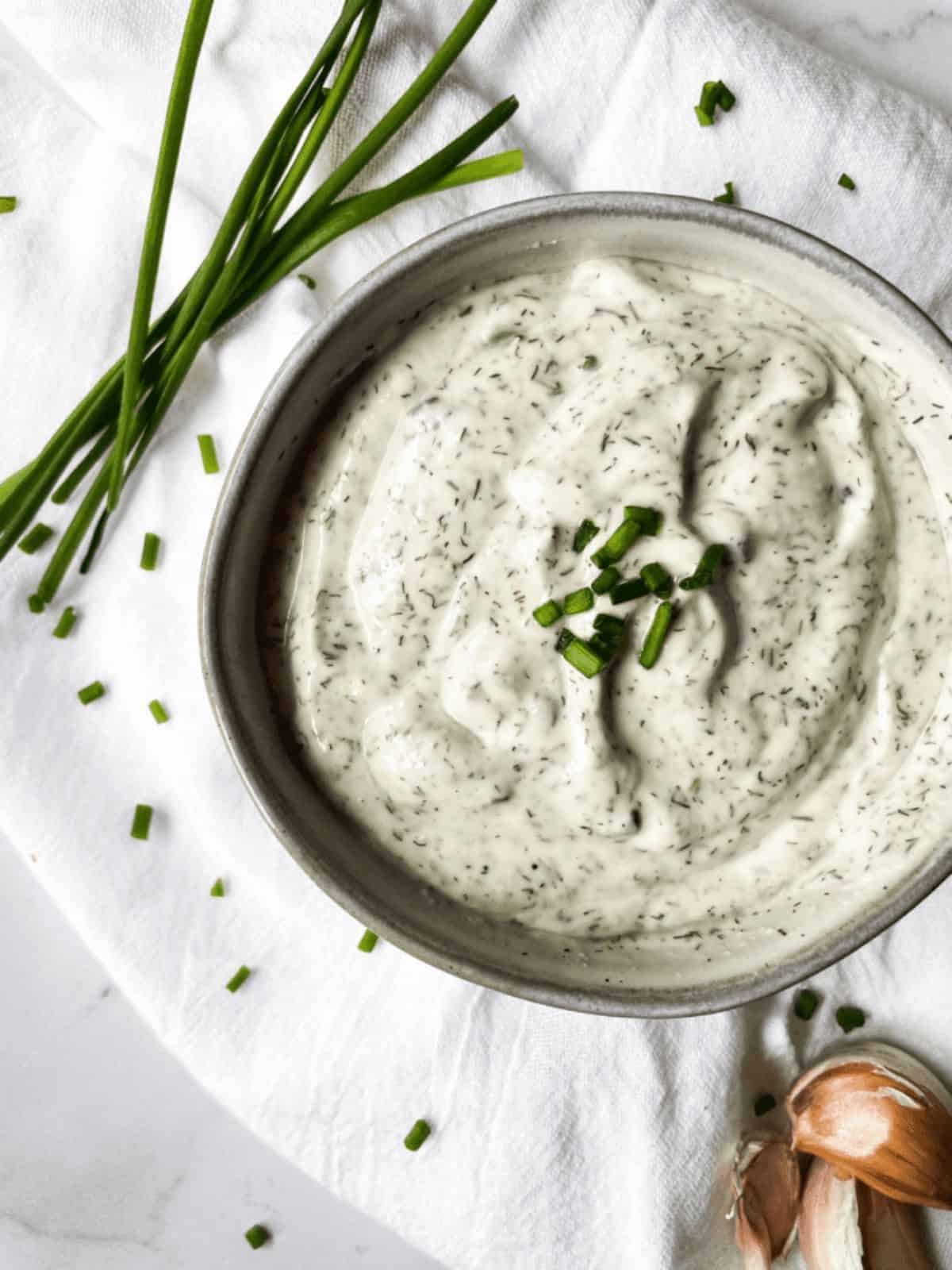 Greek Yogurt Dill Dressing in a gray bowl.