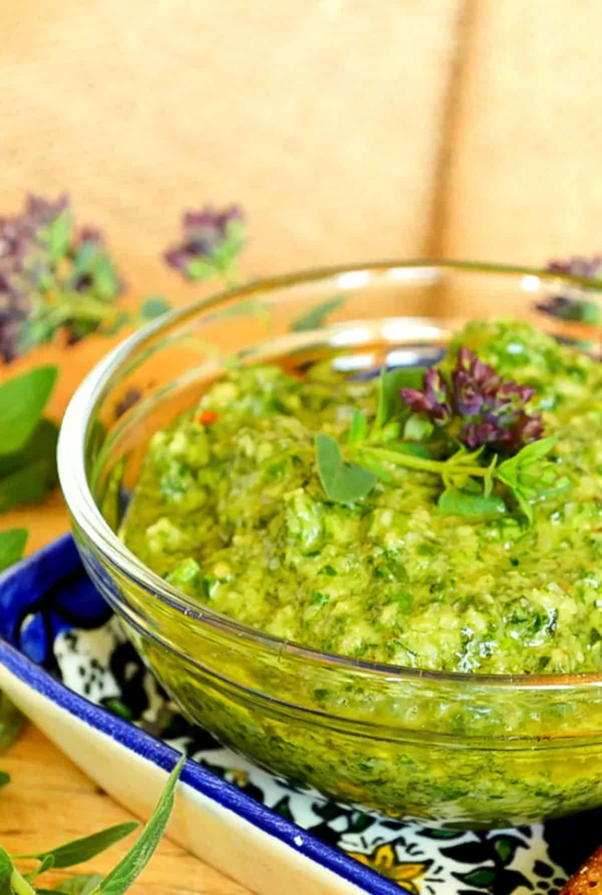 Lemon Oregano Pesto in a glass bowl.