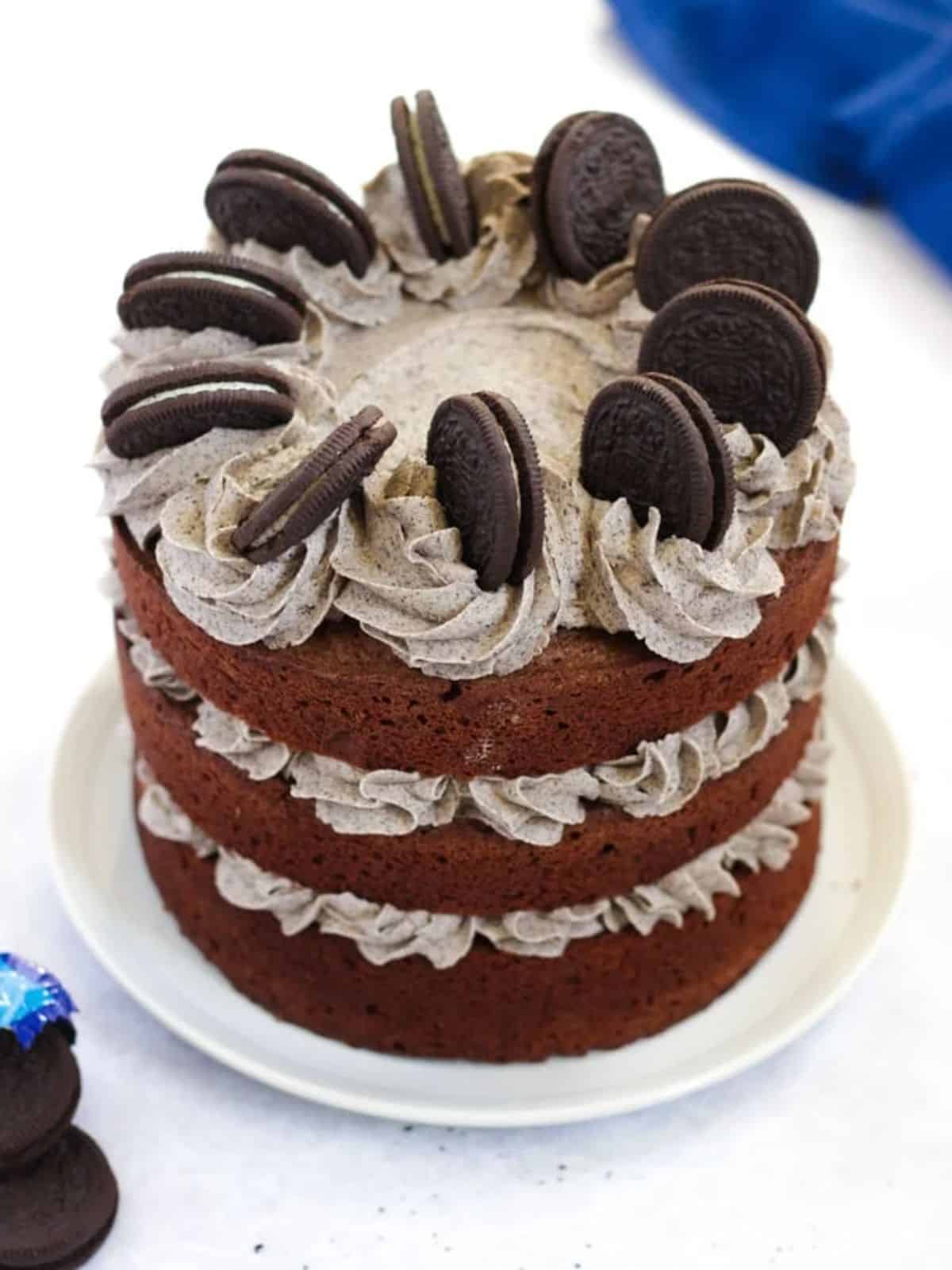 Delicious Oreo Cake on a white plate.