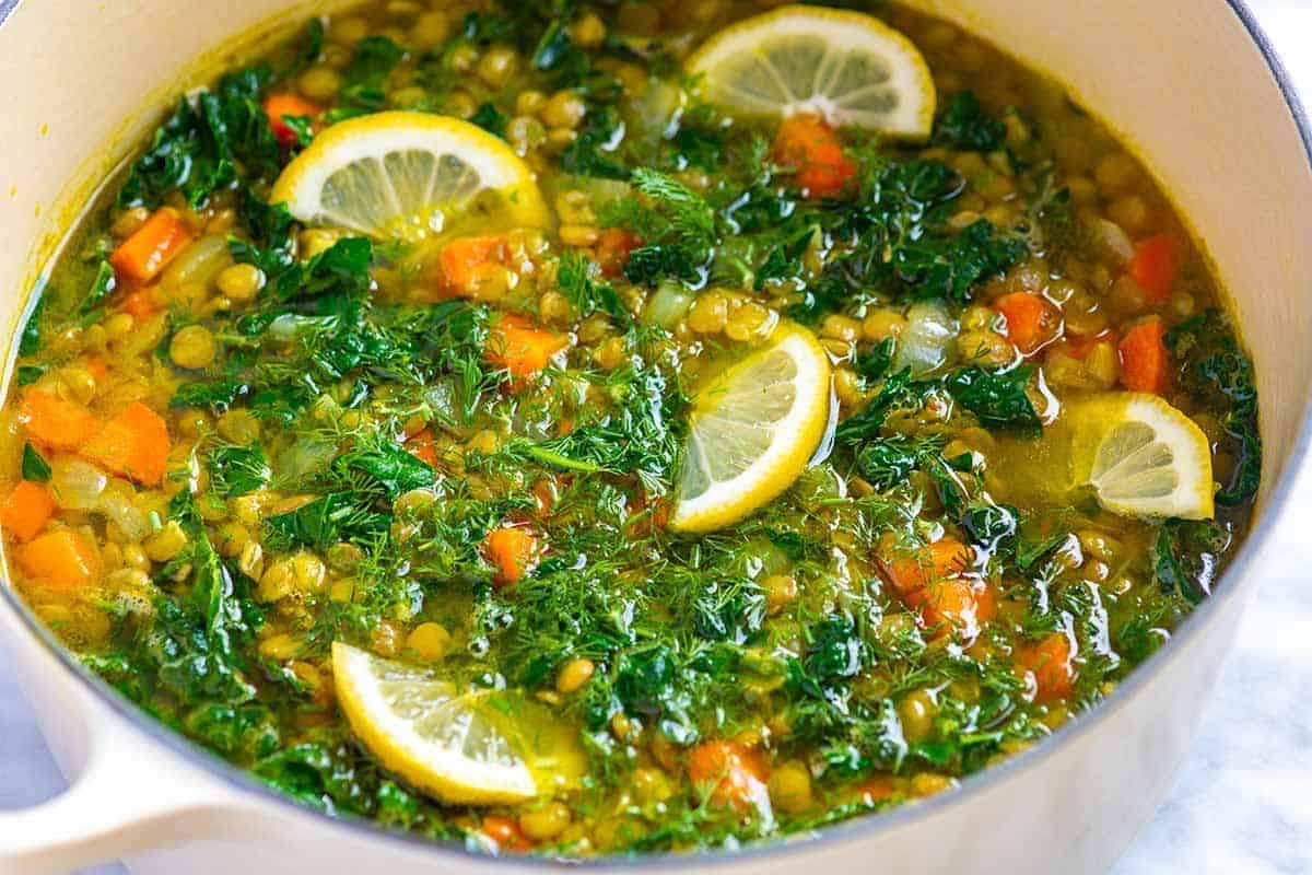 Lemon Turmeric Lentil Soup in a pot.