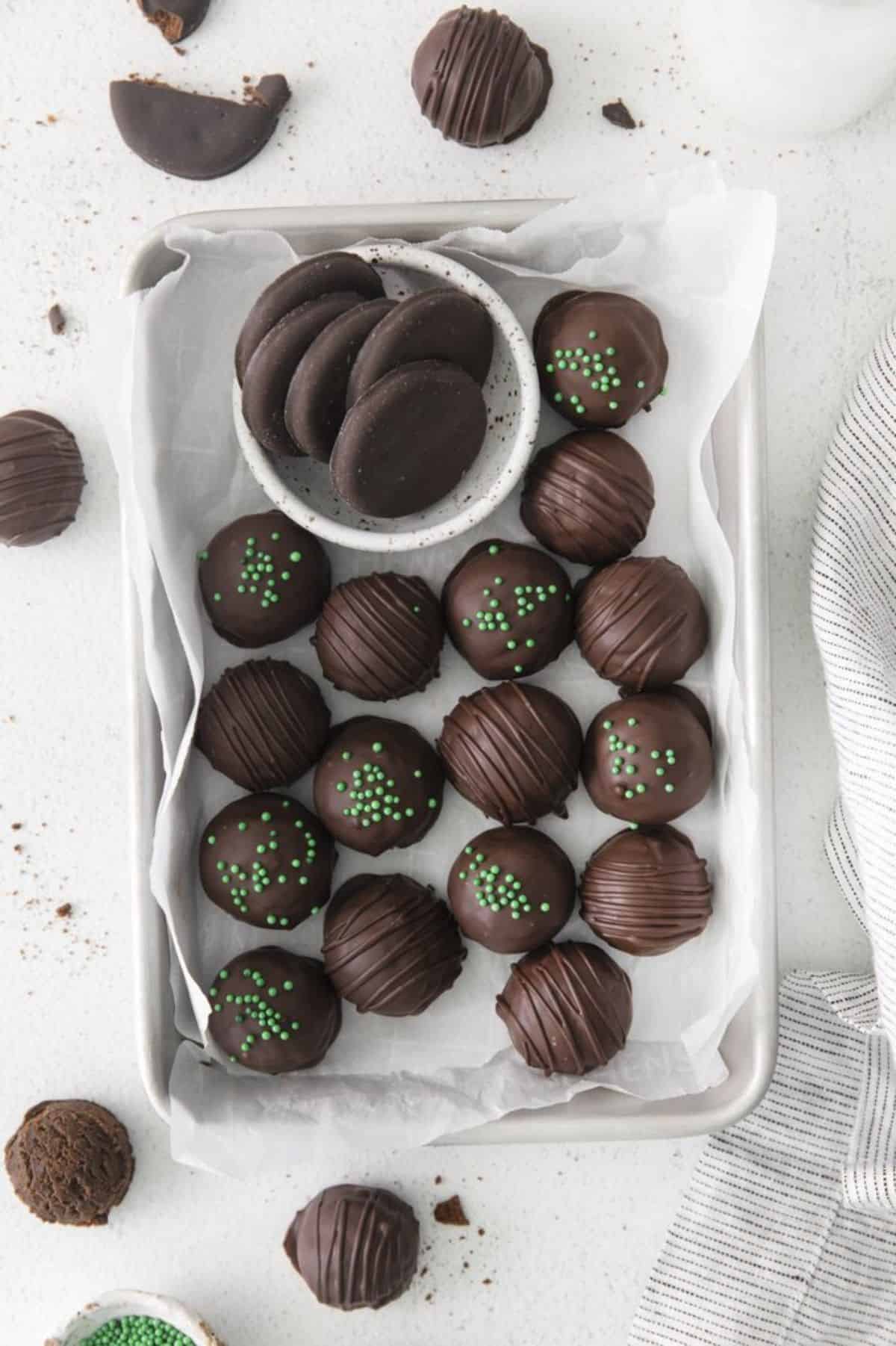 Thin Mint Truffles on a white tray.